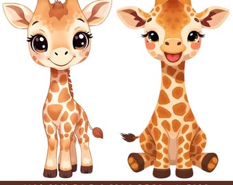Kawaii giraffe clipartbundel, 5 transparante achtergronden PNG, kinderkamerontwerpen, digitale download