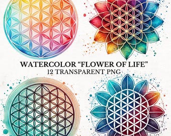 Watercolor Flower of Life Clipart Bundle: 12 PNG Illustrations (Digital Download)