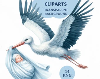 Watercolor Stork Baby Clipart Bundle: Nursery Art, 14 PNG (Digital Download)