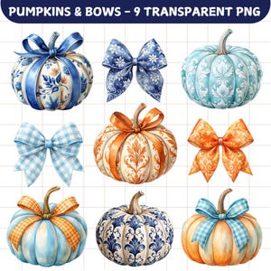 Watercolor Pumpkins & Bows Clipart Bundle: Blue Toile, Fall PNG (Digital Download)