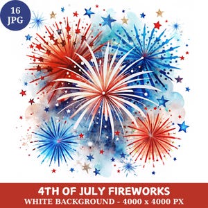 16 Watercolor Firework Clipart Bundle, 4th of July Fireworks, Fourth of July jpg, Patriotic Clipart, Independence Day, America Flag USA Flag