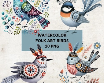 Watercolor Folk Art Bird Clipart: Floral PNG Bundle (20 Transparent Designs)
