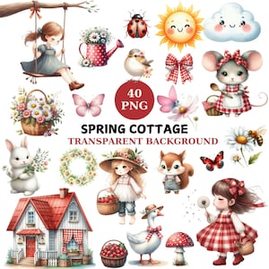 Spring Clipart Cute Cottagecore Strawberry Watercolor Cottage Life Floral Animals Watercolor Rustic Farm Red Gingham Polka Dots Nursery Kids