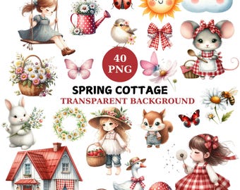 Spring Cottagecore Clipart: Akvarellblommor och djur (40 PNG-filer)