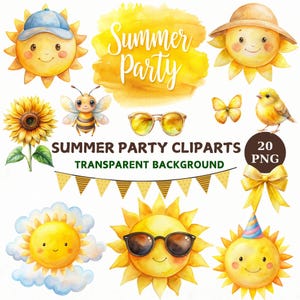 Watercolor Summer Clipart Bundle, 20 Transparent PNG, Sunshine, Bee, Sunflower, Butterfly, Cute Sun Clipart Digital Download, Watercolor Sun