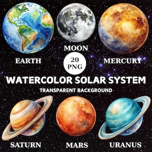 Aquarell Sonnensystem Clipart: 20 Planeten PNG (Digital Download)