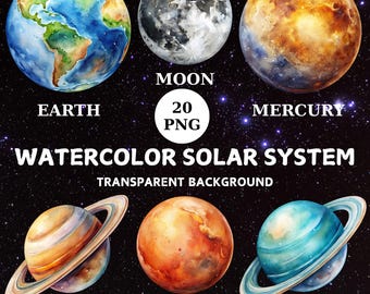 Watercolor Solar System Clipart: 20 Planets PNG (Digital Download)