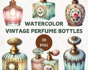 Imágenes prediseñadas de frascos de perfume vintage en acuarela: diseños PNG elegantes (20)