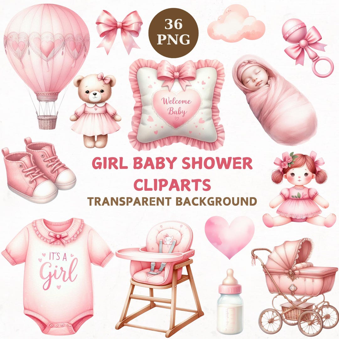 Watercolor Baby Shower Clipart: Pink Girl Theme (PNG Digital Download ...