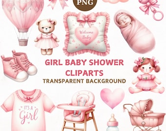 Watercolor Baby Shower Clipart: Pink Girl Theme (PNG Digital Download)