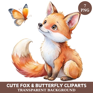 Fox en vlinder clipartbundel, schattige vos baby illustraties, afdrukbare aquarel clipart, hoge kwaliteit png, digitale download, Paper Craft