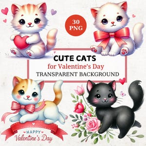 30 süße Katzen Clipart Bundle, Valentinstag Cliparts, Aquarell süße Katzen, Liebes-bezogene png, Romantische Katze, Valentinstag Karte, Digitales Handwerk