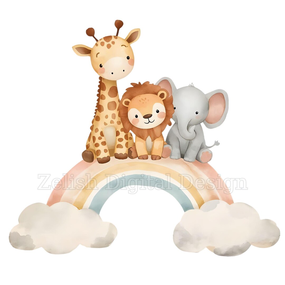 8 Watercolor Safari Animals on Rainbow, PNG & JPG Clipart for Nursery ...
