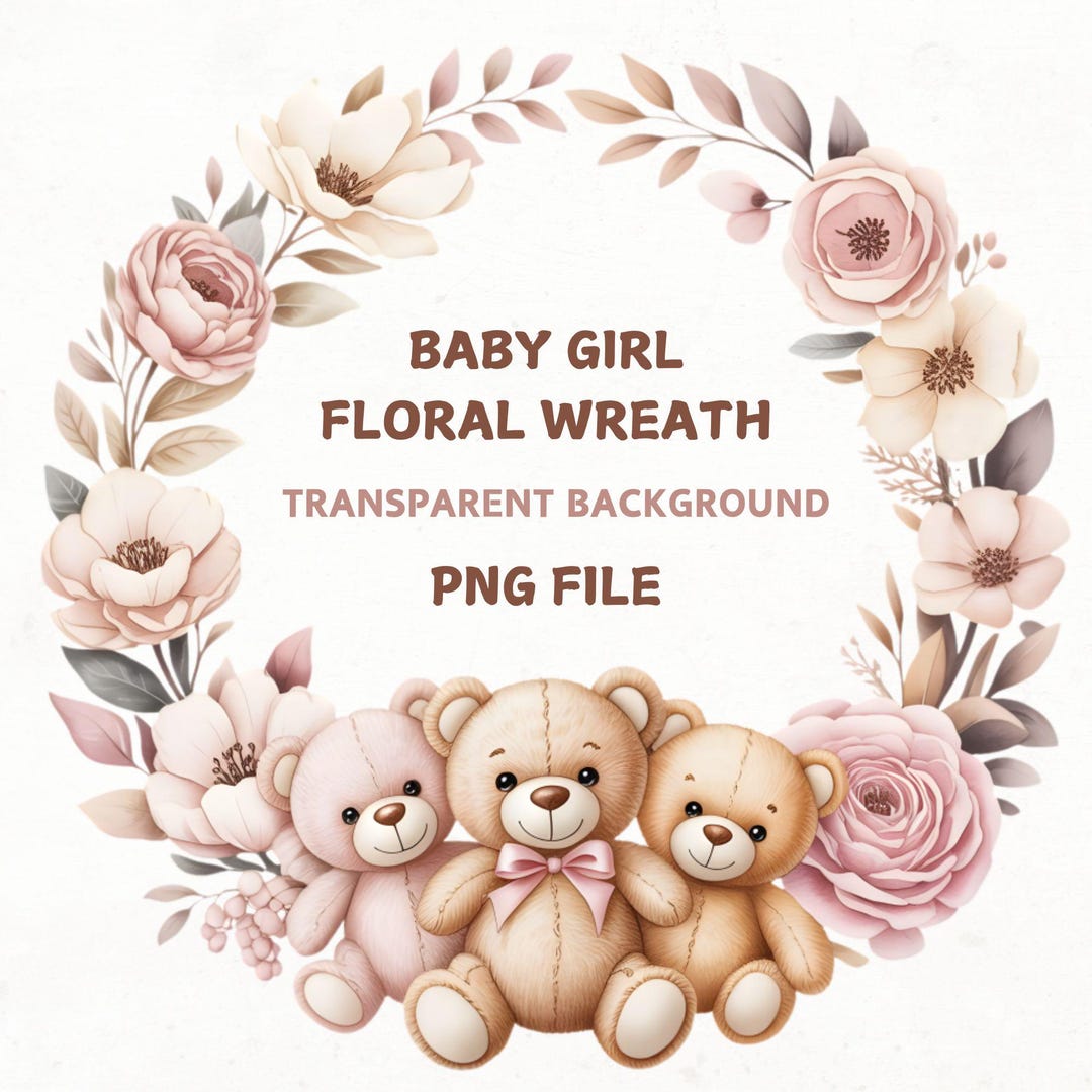 Teddy Bear Floral Wreath Clipart: Baby Girl Shower Invitation, PNG ...