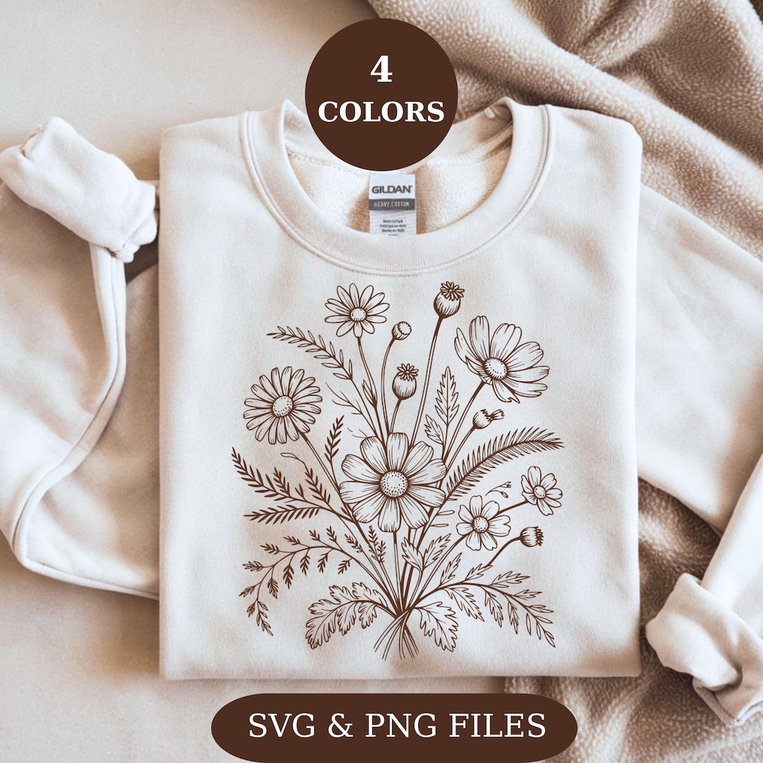 Wildflower SVG Bundle, Floral Line Art PNG, Boho Botanical Shirt Design ...