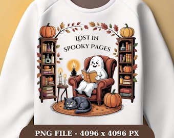 居心地の良い幽霊の読書クリップアート：ハロウィーンの読書好き PNG（デジタルダウンロード）
