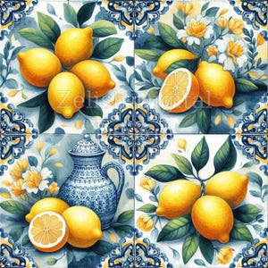 12 Lemon Tile Clipart Bundle, Mediterranean Azulejo Portuguese Blue Tiles Digital Paper, Watercolor Images, Mediterranean Tiles, Paper Craft
