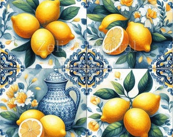 Può includere: Un'anfora in ceramica blu e bianca con un motivo floreale si trova su una superficie piastrellata con limoni e fiori di limone. Le piastrelle hanno un motivo geometrico blu e bianco.
