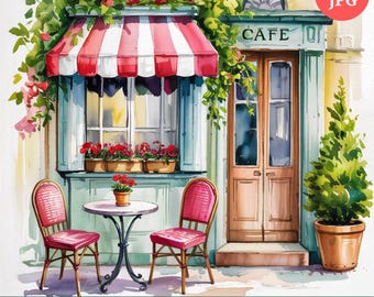 Watercolor Paris Cafe Clipart: French Bistro Art (Digital Download)