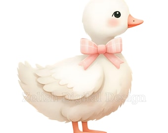 10 Watercolor Goose Pink Bow PNG Clipart Bundle, Nursery Art, Baby Geese, Digital Download