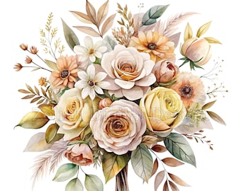 12 Watercolor Boho Flowers Bouquet Clipart Bundle: PNG & JPG Files, Digital Download