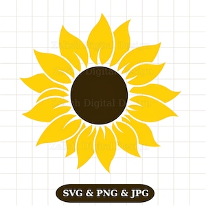 May include: A yellow sunflower design with a dark brown center and yellow petals. The image includes the text "SVG & PNG & JPG" in a brown oval at the bottom. The background is white with a grid pattern.