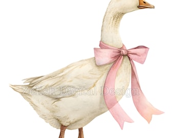 Watercolor Goose Pink Bow PNG Clipart, Nursery Art, Silly Goose Illustration, Digital Download