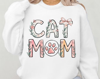 Floral Cat Mom PNG: Watercolor Bow Design (Digital Download)