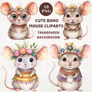Boho Mouse Clipart Bundle, 18 Transparent png, Cute Mouse, Printable Watercolor Clipart, High Quality png, Paper craft, junk journals