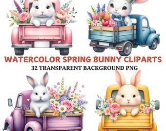 Clipart de conejito primaveral en acuarela: diseños florales de camiones (32 PNG)