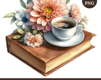 Akvarellkaffe och bok Clipart: Blommig PNG-paket (digital nedladdning)