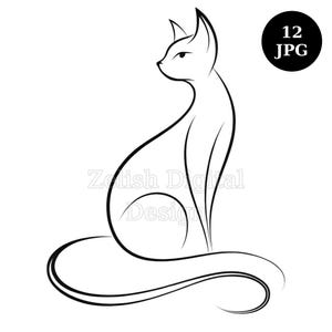 May include: A minimalist black line drawing of a cat in a seated position, with a long, curved tail. The cat's profile is visible, with pointed ears and a focused gaze. A black circle with the text "12 JPG" is in the upper right corner.