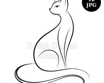 12 Minimalist Cat Line Art Bundle, White Background JPG, Digital Download