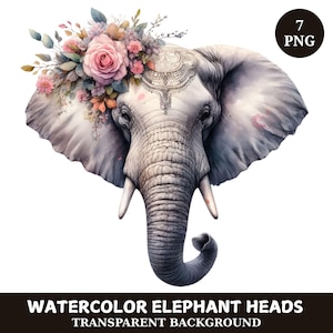 Watercolor Elephant Clipart Bundle, 7 Transparent png, Floral Elephant Head, Boho Elephant, Printable Elephant Illustration Digital Download