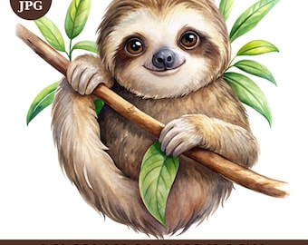 Pakiet akwarelowych clipartów leniwca: 10 ilustracji zwierząt w formacie JPG (pobieranie cyfrowe)