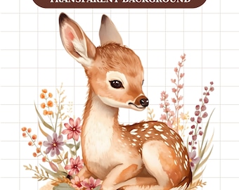 Clipart de veado floral em aquarela, arquivo PNG transparente, download digital