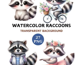 Watercolor Raccoon Clipart Bundle: 27 PNG Illustrations (Digital Download)