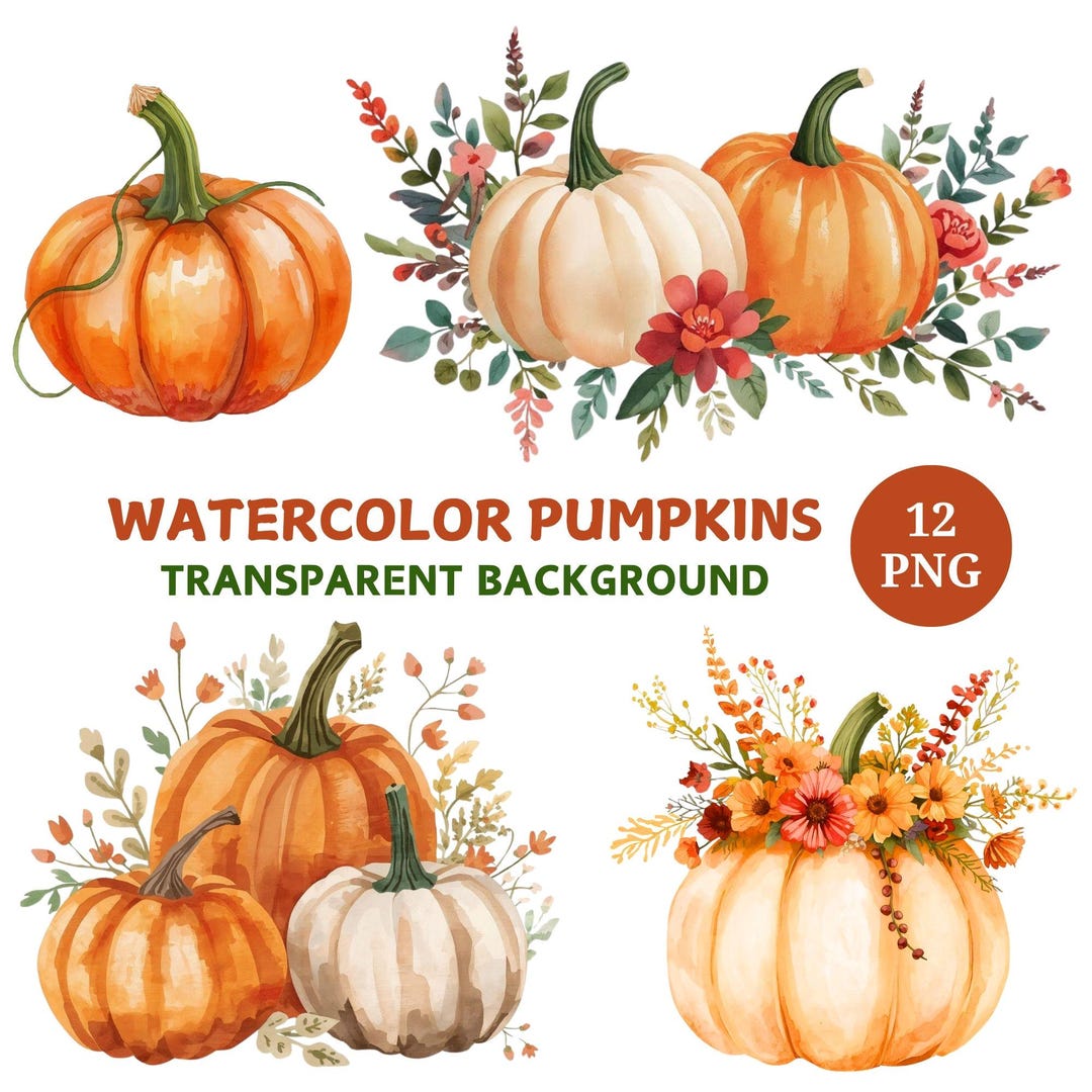Watercolor Pumpkin Clipart Bundle: 12 Floral Fall PNG, Digital Download ...