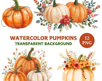 Watercolor Pumpkin Clipart Bundle: 12 Floral Fall PNG, Digital Download