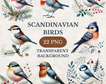 Watercolor Scandinavian Birds Clipart: 22 PNG Designs (Digital Download)