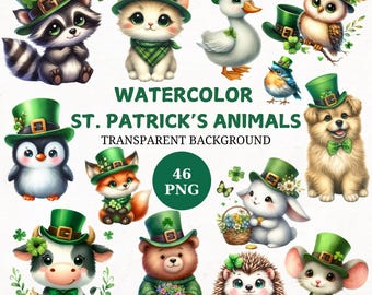 Watercolor St Patrick's Day Animal Cliparts: 46 PNG Illustrations (Digital Download)
