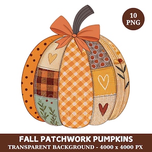 May include: A digitally illustrated pumpkin with a patchwork design. The pumpkin features various patterns, including polka dots, plaid, and hearts. An orange bow sits atop the pumpkin, and the stem is dark brown. The text "FALL PATCHWORK PUMPKINS" is at the bottom.