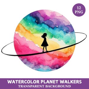 Może przedstawiać: Aquarela przedstawiająca planetę z gradientem tęczy i sylwetkę osoby idącej po pierścieniu wokół planety.