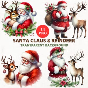 14 Santa Claus and Reindeer Christmas Watercolor Clipart, Cute Santa Watercolor Clipart png images, Cute Xmas, card making, nursery xmas