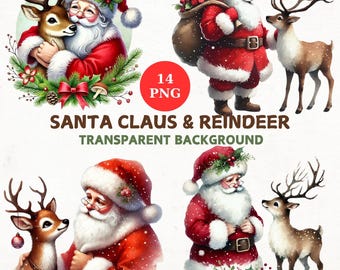 Watercolor Santa & Reindeer Cliparts: Christmas PNG Images (Digital Download)