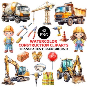 Aquarell Baustelle Clipart Bundle: 42 PNG Werkzeuge & Fahrzeuge (Digitaler Download)