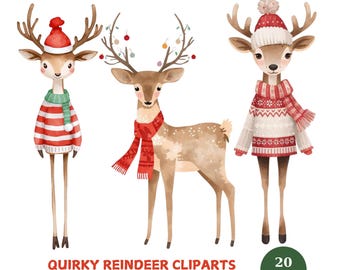 Watercolor Reindeer Clipart Bundle: 20 Funny Christmas PNG Graphics (Digital Download)