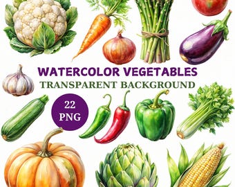Watercolor Vegetables Clipart Bundle: 22 PNG Fresh Food Graphics (Digital Download