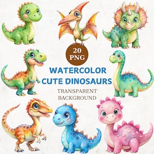 水彩画のかわいい恐竜のクリップアート バンドル、20 枚の透明な png、印刷可能な水彩画のクリップアート、恐竜のクリップアート、trex png、恐竜の保育園