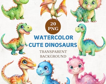Watercolor Dinosaur Clipart Bundle, Dino PNG (Digital Download)